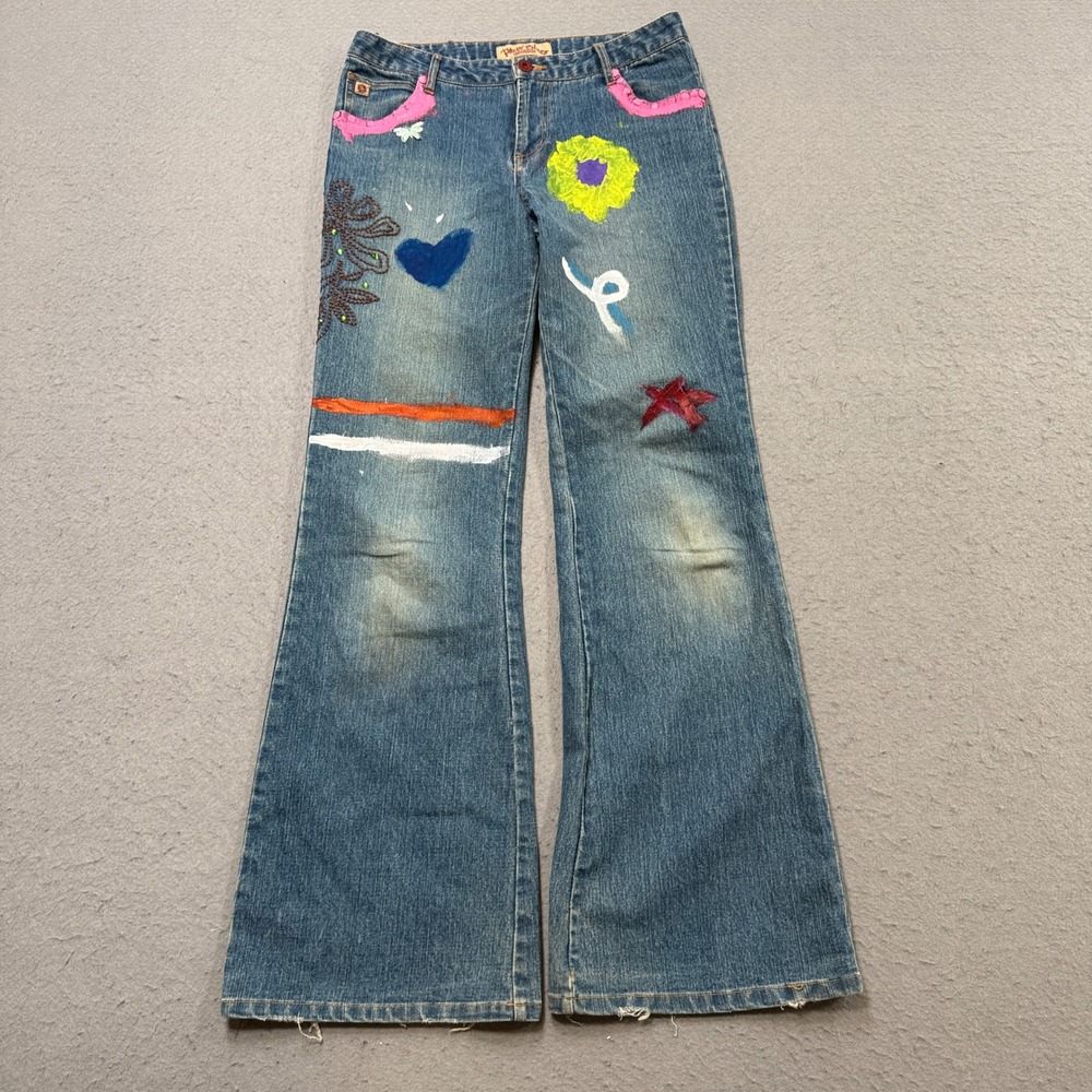 Paris Blues Flare Jeans Womens 16 (28x29) Blue Skull Butterfly Hand Painted Y2K